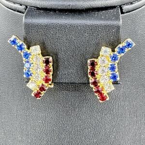 Vintage Kramer New York Red/White/Blue Rhinestone Gold Tone Clip Earrings